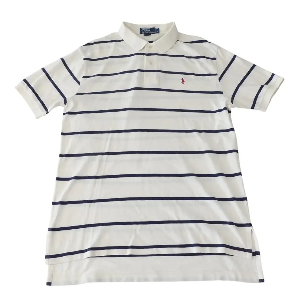 Ralph Lauren Vintage Y2K Cream Striped Golf Polo Shirt Men's Large